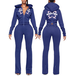 Grosir kualitas tinggi potongan ritsleting atas Hoodie dan Set celana olahraga pakaian desainer kustom wanita 2 potong Set pakaian olahraga dengan ritsleting - Product Image 1