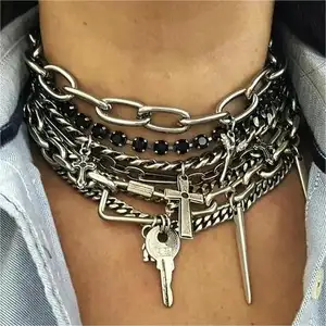 Rock Stijl Layer Link Ketting Voor Vrouwen-Zilver Massive Charms Ketting