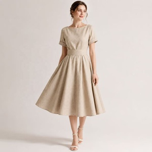 Gonna a Ruota in Lino Organico Naturale Beige Personalizzata di Lusso per Donna, Stile Retrò Vintage Anni '50 con Maniche <span class=keywords><strong>Barto</strong></span> Leader - Product Image 3
