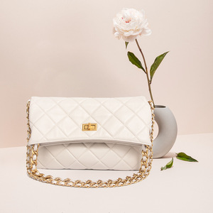 Bolso de hombro con cremallera acolchada de piel de oveja auténtica de gran capacidad para mujer, bolso informal, diseño geométrico, versátil, con solapa para axilas - Product Image 3