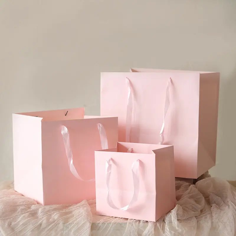 silk ribbon packing paper with printing logo flower bag customized paper shopping bag with handle