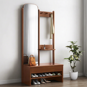 Modern Solid Wood <b>Coat</b> Rack <b>with</b> Mirror <b>Hooks</b> and <b>Shelves</b> Freestanding Entryway Storage Bench for Living Room Furniture - Product Image 1