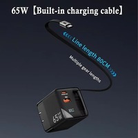 Pengisi daya 3 dalam 1 65W GaN, kabel PD Tipe C dapat ditarik, blok pengisian cepat Port Ganda perjalanan portabel untuk iPhone Galaxy
