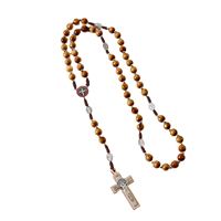 Collier Chapelet Catholique Perles 10mm Croix de Prière Jérusalem Bijoux en Bois Faits à la Main Transfrontaliers