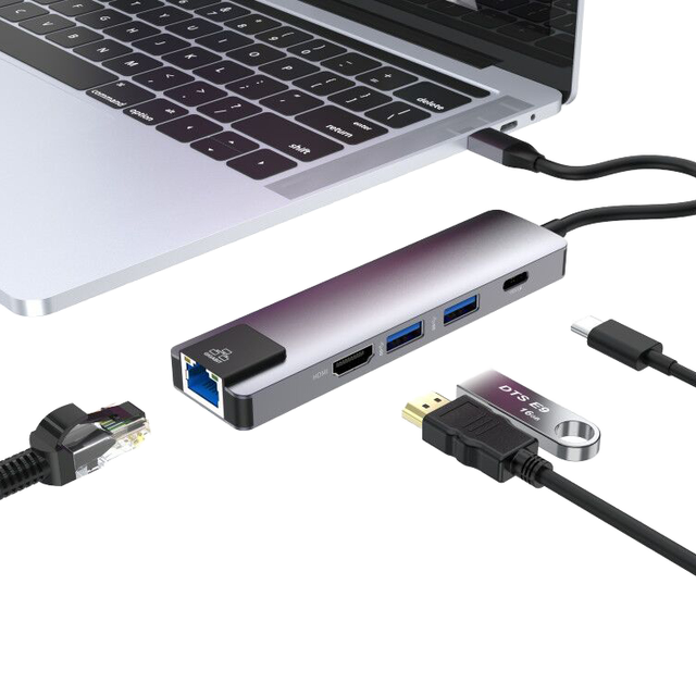 USB 3.1 Type C to Gigabit 1000Mbps RJ45 LAN 2 USB 3.0 Hub 5Gbps 100w PD Charge 4K HDTV 5 in 1 Dock Station for Air Pro