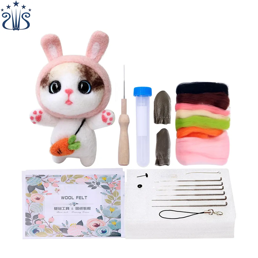 Schöne Kaninchen Katze Puppe Handwerk DIY Tier Wolle Nadel Filz Kit für Kinder Kinder lustiges Geschenk