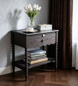 Vintage <b>Black</b> French Durable Wooden Nightstand with Drawer and Open Shelf Multi-purpose Bedroom <b>Bedside</b> Table - Product Image 2