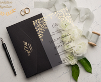 Invitation de mariage turque de luxe en acrylique givré noir mat avec dorure à chaud, monogramme JR, enveloppe, motif feuille de vigne, impression personnalisée