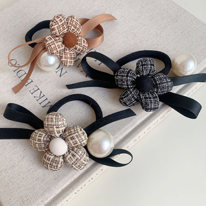Autumn and Winter Five-Petal Flower and Pearl Bow Hair Circle Handmade <strong>Tartan</strong> Fabric <strong>Headband</strong> Female Elegance Fashion Scrunchie - Product Image 4