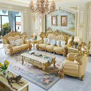 Royal Antique Classic <b>Gold</b> Leather <b>Sofa</b> Set Flower Wood Chesterfield Designs comfort Livig Room <b>Sofa</b> - Product Image 2