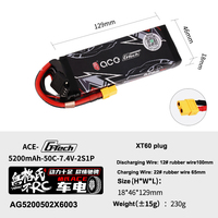 Baterai Mobil RC ACE 5200mAh 2S1P 7.4V 50C, Konektor XT60 Long-Case untuk Mobil Mainan Off-road