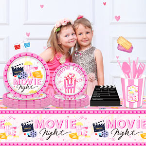 Huancai film soirée fête fournitures rose assiettes en papier tasses serviettes vaisselle jetable ensemble pour <span class=keywords><strong>anniversaire</strong></span> cinéma fête décorations - Product Image 5