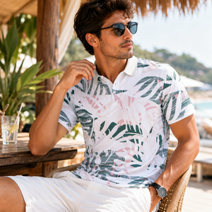 Polo de Golf Personalizado Premium para Hombre con Estampado de Hojas Tropicales, Ropa de Resort de Marca Privada con Tecnología de Absorción de Humedad, OEM - Product Image 1