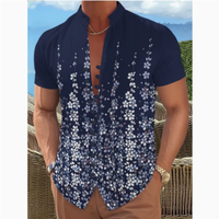 Kemeja Pria Kerah Mandarin Lengan Pendek Bermotif Bunga Kupu-kupu, Slim Fit, Kancing Depan, untuk Musim Panas, Pantai, Pesta, dan Liburan
