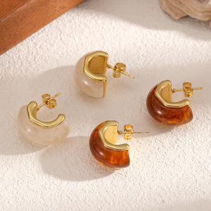 Fashion Resin <b>Titanium</b> Steel Stud Earrings For Women Amber Color Geometric Design Unique High-End Look - Product Image 3