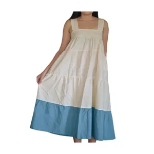 فستان بطبقة قماش قطن ناعم صُنع في تايلاند ملابس للنساء من القطن الأبيض الطبيعي بنهاية باللون الأزرق