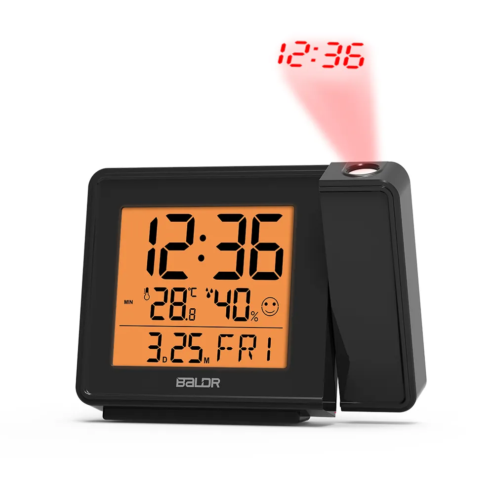 BALDR Digital Projection Radio Controlled Clock Alarm Snooze Clock with Temperature Humidity Wall Mounted