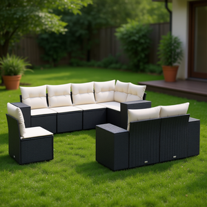 Ensemble de canapés de jardin modulaires modernes en rotin noir, meubles d'extérieur avec pieds réglables, coussins en mousse haute densité - Product Image 2