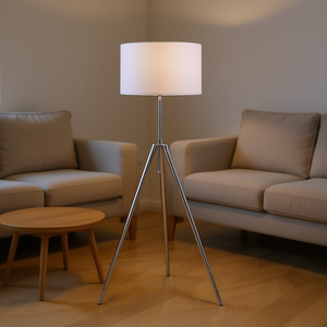 Adjustable 64-47 Inch Mid Century Modern Chrome Metal Floor <b>Lamp</b> Tripod <b>Stand</b> White Drum <b>Shade</b> Residential Lighting - Product Image 2