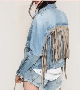 Nieuwe Mode Denim Kwastje Voor Vrouwen Rits Denim Jasje