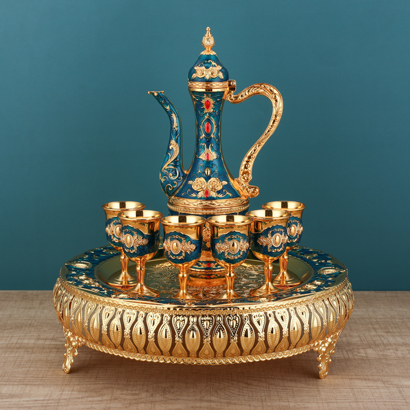 Gold and Blue Rose Flower Drinkware Set