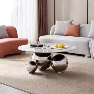 Juego de dos mesas redondas de centro modernas con <span class=keywords><strong>base</strong></span> de pedestal de acero inoxidable con parte superior de piedra sinterizada y diseño de lujo contemporáneo - Product Image 3