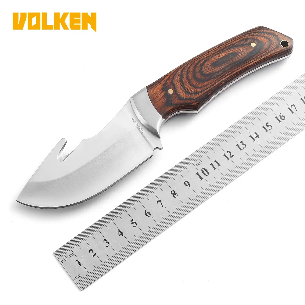 Xyj couteau à lame fixe de camping, manche en bois coloré avec fonction de coupe-corde, en acier inoxydable à haute dureté