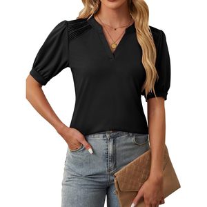 Blusa de manga abullonada para mujer, cuello en V, manga corta, plisada, informal, top de verano, camisa transpirable de poliéster - Product Image 1