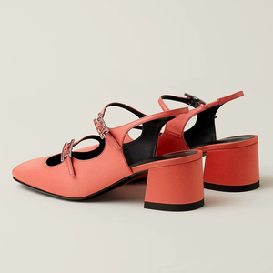 Women Low Chunky Heels Pumps Square Toe Office Lady Metal Buckles Slingbacks <b>Shoes</b> Double Straps Back Cut Out Sandals - Product Image 3