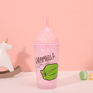 450ml Tropical Fresh Fruit Letter Pattern <b>Plastic</b> Tumbler Double Wall Design with Straw Ice Cream Dome Lid Cute Fruit Cartoon - Product Image 4