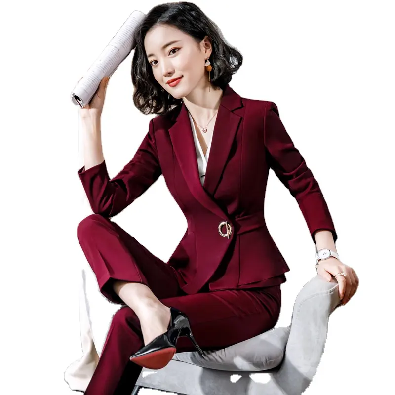 China Factory Burgundy Women's Simple Formal Pant Suit Blazer Jacket Office Lady Designs 2 Piece Set Wholesale Violet Jacket