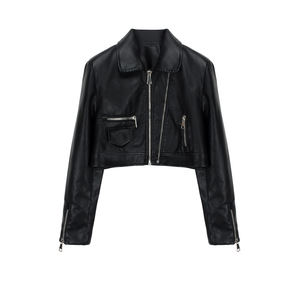 Blouson court en similicuir PU noir <span class=keywords><strong>pour</strong></span> <span class=keywords><strong>femme</strong></span>, style motard, double fermeture éclair, polyvalent, collection automne - Product Image 1