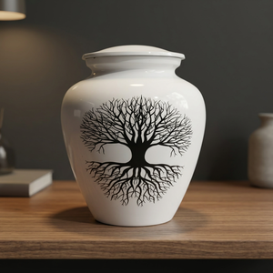 Urna Funeraria de Latón Blanco Hecha a Mano con Árbol de la Vida para Cenizas de Adultos, Elegante Urna Conmemorativa de Metal para Entierro con Decoración - Product Image 1