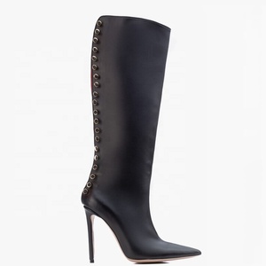 Back Cut Out Women Metal Decor Knee High <b>Boots</b> Big Size 45 Solid Stiletto Dress Shoes Slim Heels Long <b>Boots</b> - Product Image 6