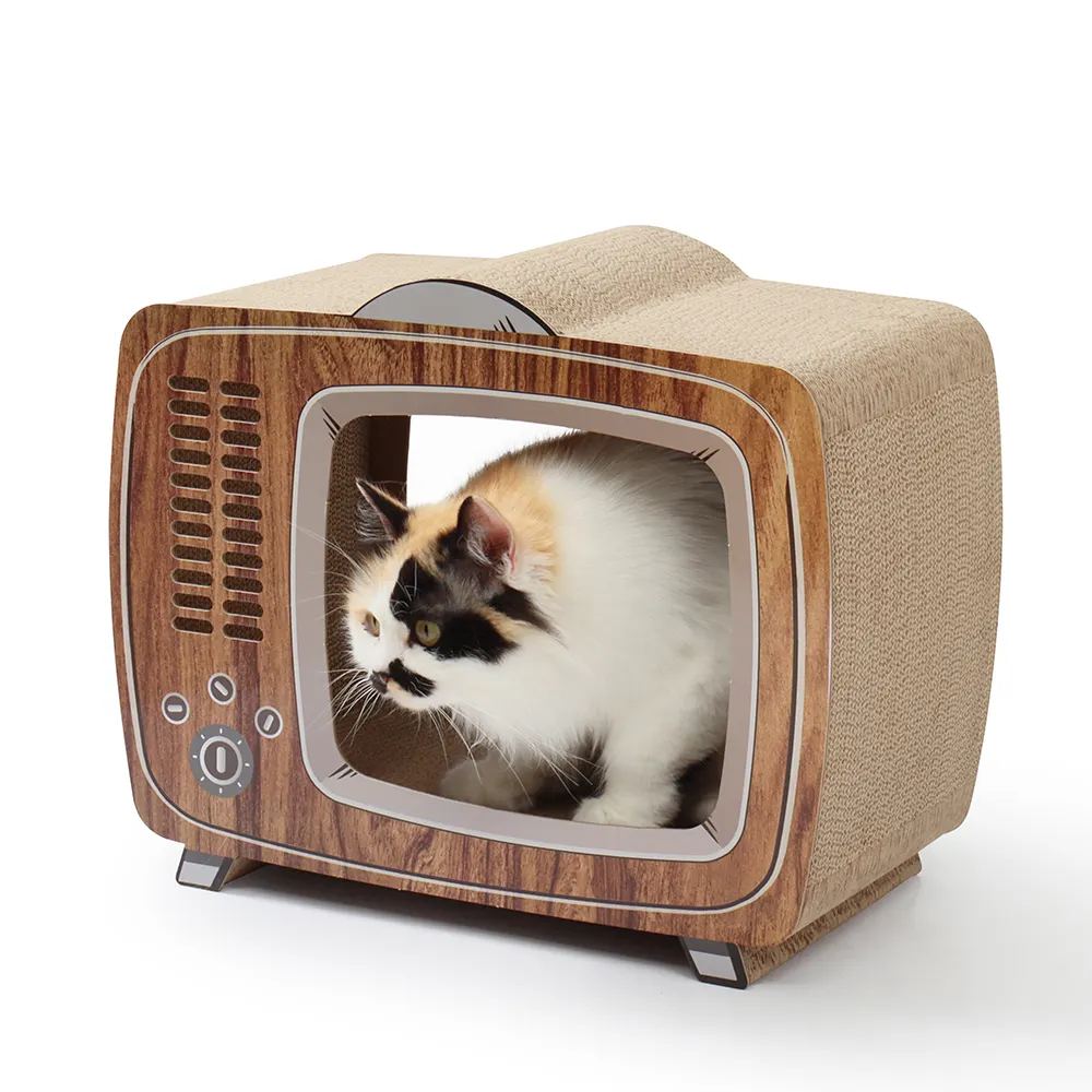 Casa de gato luxuosa em papelão ondulado para gatos e arranhador ecológico em forma de TV, fábrica na China