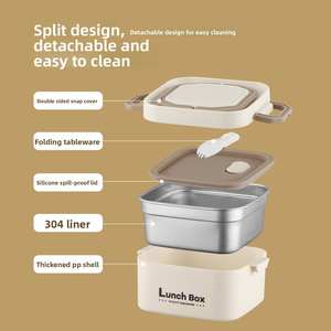 Stainless Steel <b>Round</b> Heatable Lunch <b>Box</b> Cup Bottle Set Microwave Safe Leak Proof Dual Tier 1-2L Capacity Modern Bento <b>Box</b> - Product Image 5