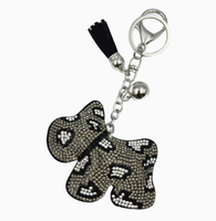 Porte-clés pendentif en forme de chiot imprimé léopard blanc, entièrement orné de strass étincelants avec pompons, de haute qualité, best-seller