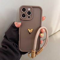 Coque Souple Coréenne Mignonne 3D Cœur Doré avec Dragonne pour iPhone 16 17 Pro Max 15 14 13 12 11 Pro 16E 7 8 Plus