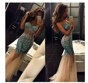 Luxus Kristalle Meerjungfrau Ballkleider Schatz Ärmellose Tüll Perlen Abendkleider Formelle Party Wear - Product Image 1