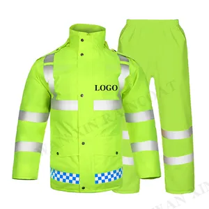 Reflective men's raincoat suit and pants waterproof high visibility safety rain gear mens yellow raincoat poncho