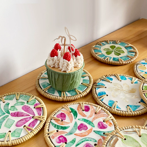 Wholesale Rattan Coasters with Shell Inlay, <b>Round</b> & Square Handwoven Drink Coasters for Cafe & Restaurant - Product Image 1