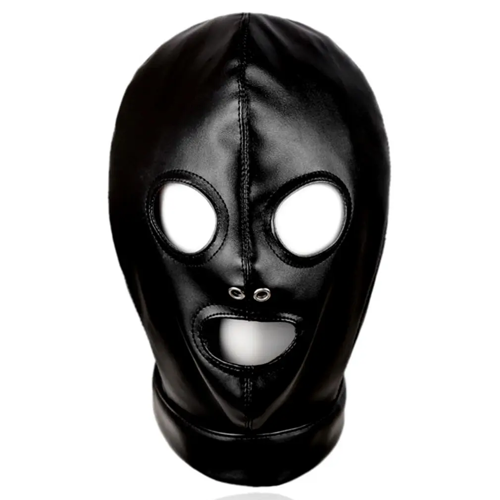 Full Cover Leather Mask Black Open Eyes Open Mouth Cosplay Costume Hood Unisex Plus Size Underwear Fun mask