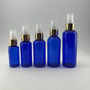 Grosir 70 ml wadah kosmetik hewan peliharaan biru botol parfum plastik dengan 20/410 penyemprot kabut 24/410 penyemprot kabut aluminium