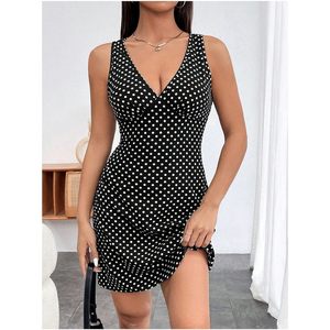 FOXA Robe courte à pois pour femme, col en V, sans manches, coupe trapèze, respirante, pour l'été, décontractée, pour les fêtes - Product Image 3