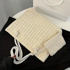 Sac à main de plage d'été fait à la main pour femmes Sac à main en paille décontracté tissé à deux bretelles Grande capacité Sac à bandoulière - Product Image 4