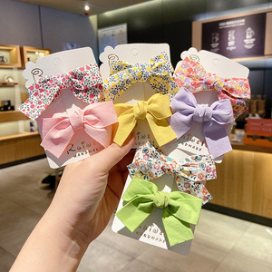 Floral Print <b>Bow</b> Hair <b>Clips</b> Set Cute Solid Color Fabric Barrettes Side Bangs Decor Pins For Girls Kids Princess Hair Accessories - Product Image 2