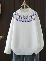 Pull en tricot Fair Isle pour femme, col rond, manches longues, motif géométrique, blanc