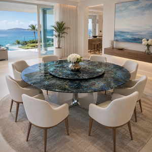 Customized Dining <b>Table</b> Round <b>Top</b> Modern Villa 8 Seater Metal Legs <b>Stone</b> Furniture Luxury Blue Labradorite Granite - Product Image 4