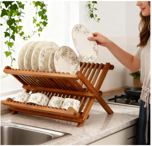 Teak Dish Drainer <b>Rack</b> Collapsible 2 Tier Dish <b>Rack</b> Dish Drying <b>Rack</b> Foldable <b>Plate</b> Organizer Holder for Kitchen Countertop - Product Image 3