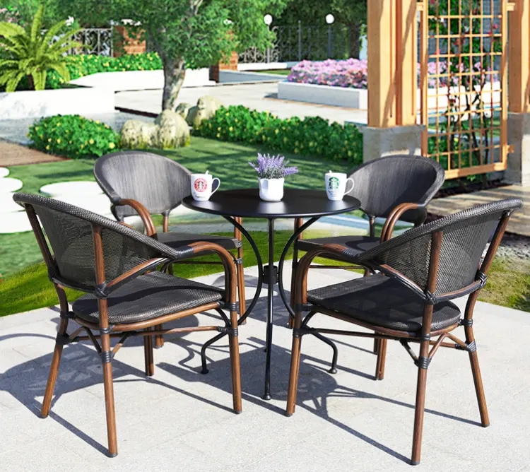 Outdoor Brown Restaurant Stack Waterproof set Aluminum Armchair French Cafe Frame Dining Cafe Rattan Chair